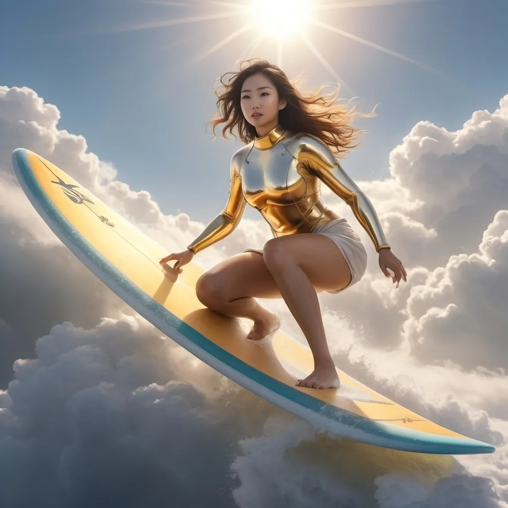 Prompt: asian female adventurer surfing on the clouds, high up in the sky, sleek surfboard, contact with the clouds, golden clouds, sun beams,  and attire, rough admosphere, gorgeous face, fantasy setting, detailed background with sunlit skies and fluffy golden clouds, dynamic and energetic pose, ultra-detailed, 4K, high quality, cinematic colors