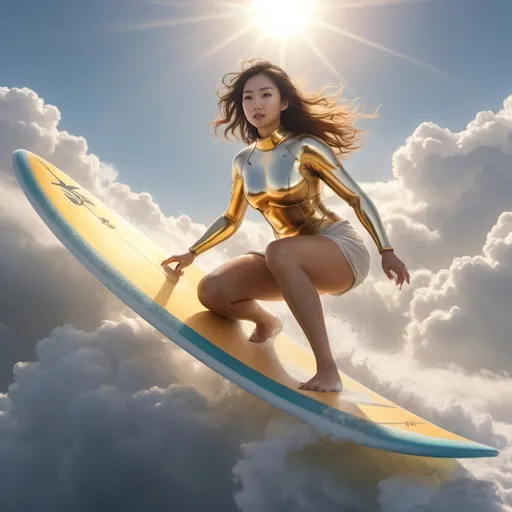 Prompt: asian female adventurer surfing on the clouds, high up in the sky, sleek surfboard, contact with the clouds, golden clouds, sun beams,  and attire, rough admosphere, gorgeous face, fantasy setting, detailed background with sunlit skies and fluffy golden clouds, dynamic and energetic pose, ultra-detailed, 4K, high quality, cinematic colors