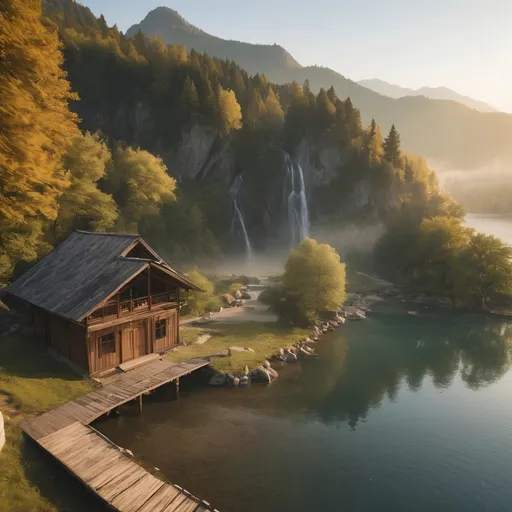 Prompt: aerial view, (boathouse at the shores of a tranquil mountain lake),  small mountain path leading to the front door, surrounding nature , fairytail like,  calm admosphere, wooden kano at on the shore, waterfall in the background, mist on the water, rustic building, serenity, golden morning light, suns rays,  