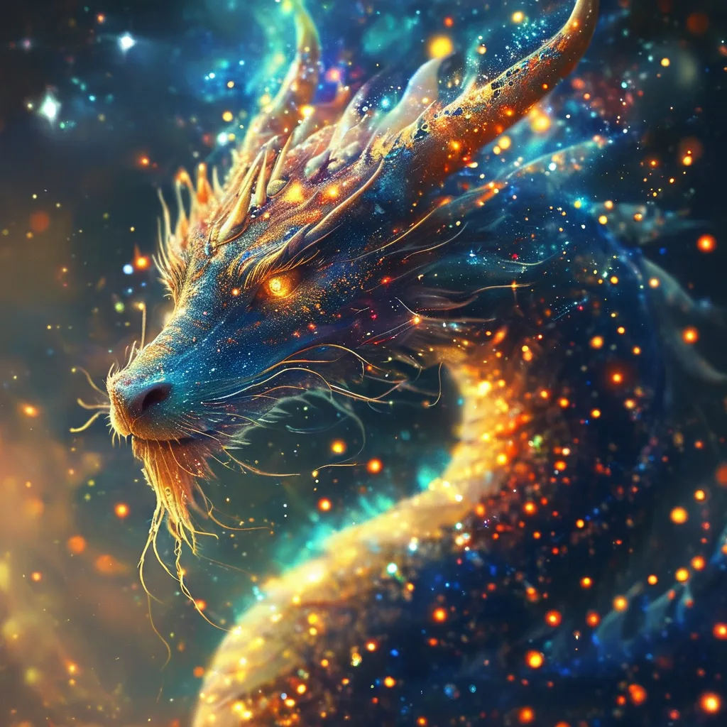 Prompt: (dragon as a celestial starsign), illuminating the universe, (ethereal glow), god-like , cosmic background, sparkling stars, mystical atmosphere, swirling galaxies, magical light trails, enchanting aura, (highly detailed), (4K quality), surreal interpretation, celestial fantasy, sense of wonder.