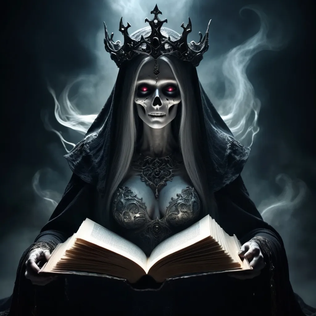 Prompt: realistic full body, (powerful lich), (goddes of death), (ethereal beauty), dark and ominous shadows, decomposing, eyes with magical illumination, medieval fantasy, ancient magical floating book, emanating a sense of deep knowledge and wisdom, mystical atmosphere, intricate details, high contrast, regal aura, (4K), ultra-detailed, evokes a sense of both allure and danger, shadows billowing around her, otherworldly presence.