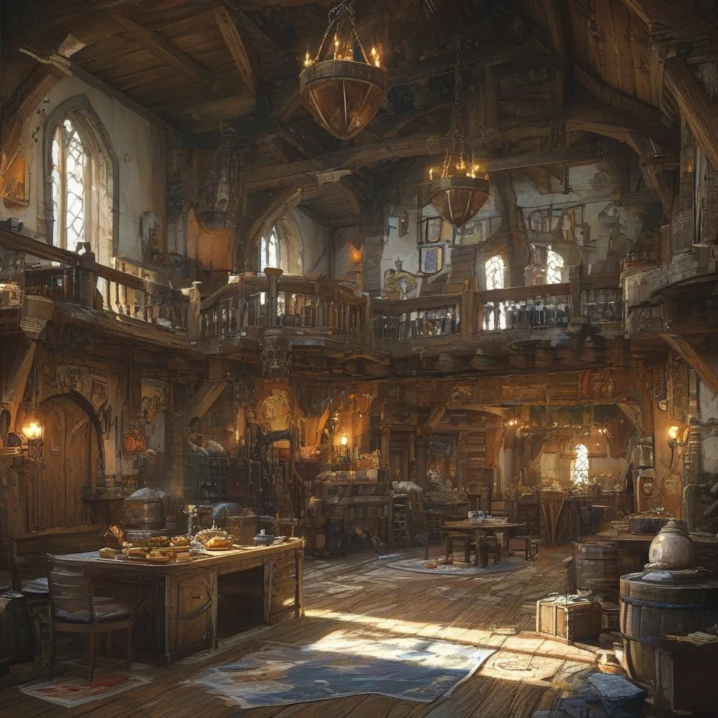 Prompt: Medieval fantasy adventurers guild, Anton Pieck style, (rustic wooden interior), large open rustic bank like rooms, (high security deposit counters with gates and tellers), DND characters, chairs and tables with food, monster parts laying around, ambient warm lighting, maps and hunting trofees on the wall, detailed shadows, banners hanging from the ceiling, intricate woodwork, scattered adventurers' gear, cozy yet bustling vibe, various weapons displayed, (ultra-detailed), (4K).