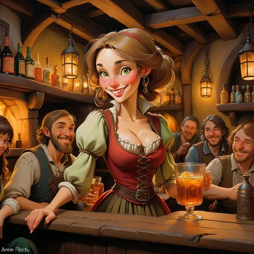 Prompt: fantasy tavern scene, acrylic painting, barmaid serving drinks, DND style, Anton Pieck inspired, cozy atmosphere, joyful ambiance, fantasy art, detailed characters, warm lighting, vibrant colors, high quality, acrylic painting, fantasy, DND, cozy atmosphere, joyful, detailed character, warm lighting, vibrant colors, adventurers