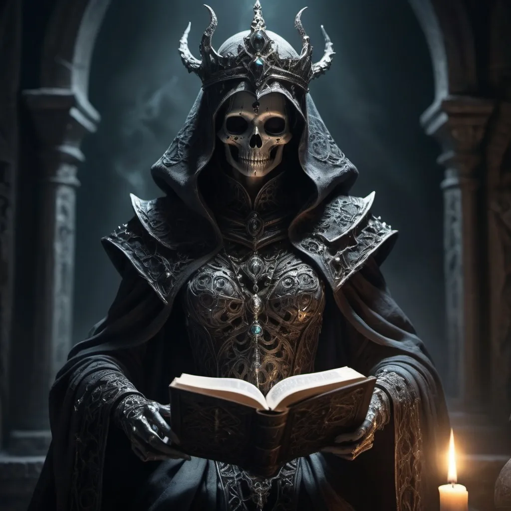 Prompt: realistic full body, (powerful lich), (goddes of death), dark and ominous shadows, (imposing figure), (decomposing) body and face, detailed armored robes, medieval fantasy, Reading (enchanted spell book) magicaly radiating (glowing runes), emanating a sense of deep knowledge and wisdom, mystical atmosphere, intricate details, high contrast, regal aura, (4K), ultra-detailed, evokes a sense of both allure and danger, shadows billowing around her, otherworldly presence.