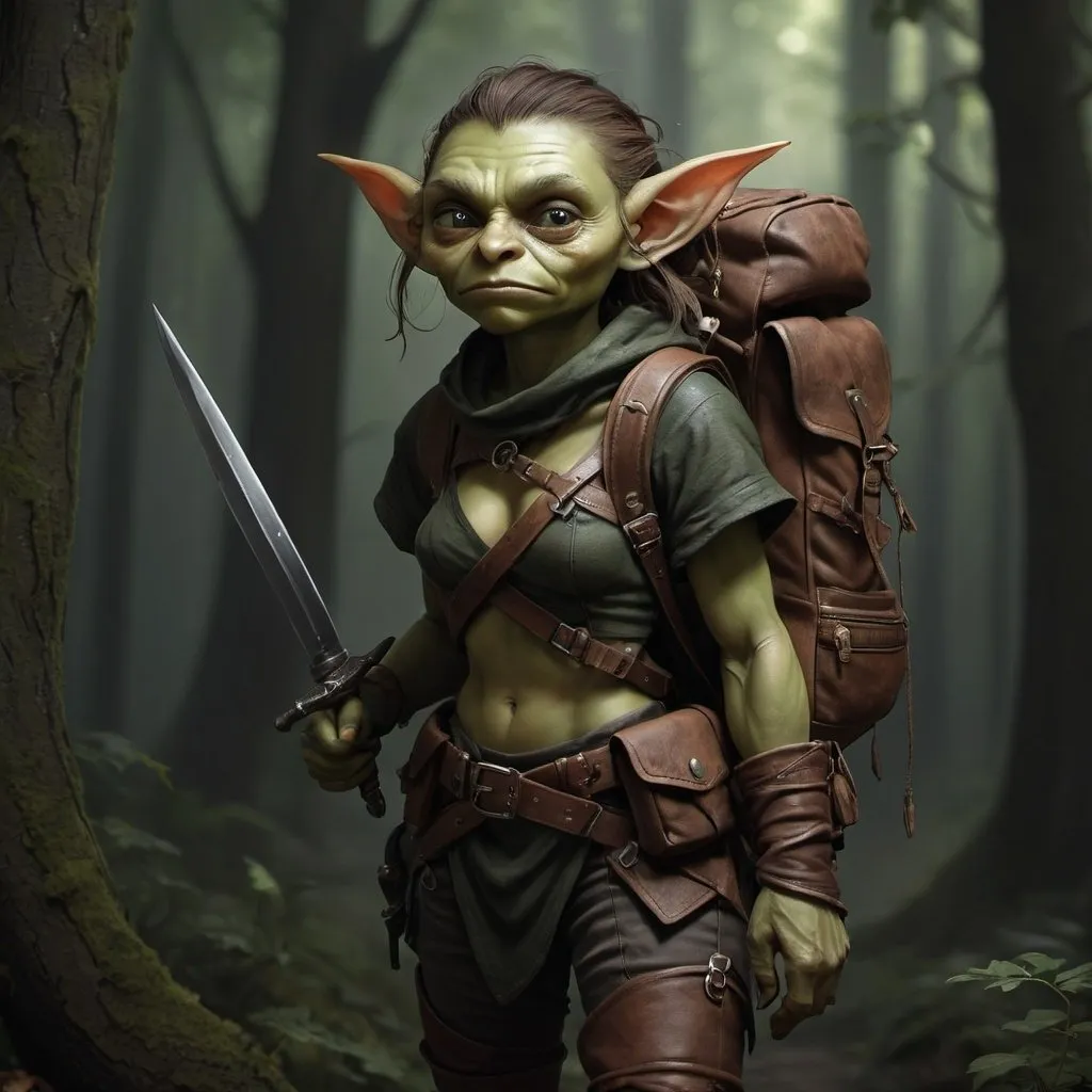 Prompt: gorgeous young female goblin, full body, digital art, high detail, realistic, dnd character style, dark lighting, forest, leather gear, backpack, dagger