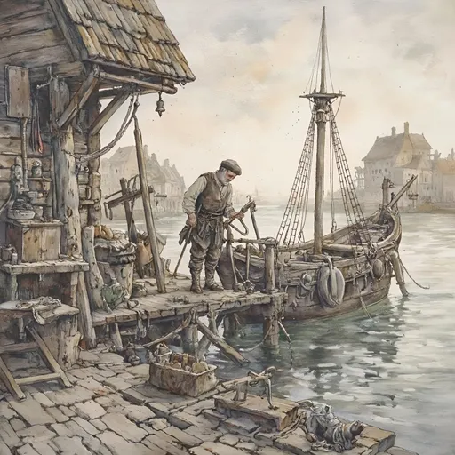 Prompt: (old man ship builder), (antique wooden wharf at the waters edge), (cranes and ropes) in intricate detail, medieval fantasy setting, watercolor painting anton pieck style, soft and muted colors, warm ambient lighting, filled with dust motes, nostalgic atmosphere, charming clutter, whimsical and dreamy quality, ultra-detailed, inviting vibe that captures the essence of craftsmanship and imagination.