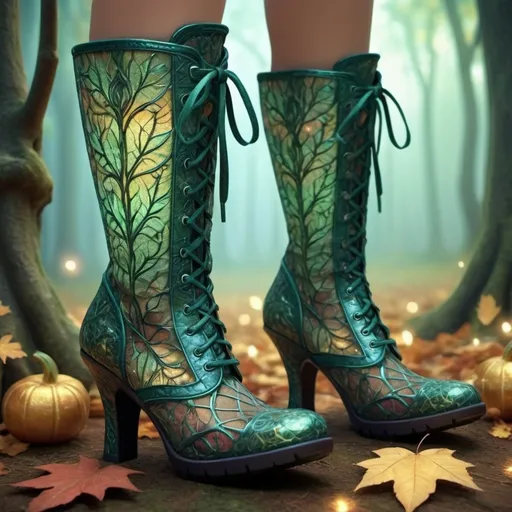 Prompt: (leaf pattern mesh lace boots), stylish medieval fantasy, (enchanted boots), magical illumination, intricate detailing, ethereal glow, backgrounds of mystical forests, warm jewel tones, soft lighting effects, whimsical ambiance, high-quality 4K resolution, ultra-detailed texture, fantastical elegance.