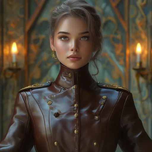 Prompt: photorealistic full-body of a (beautiful) female in a (detailed ceremonial high-ranking military suit), (buttoned coat), (futuristic leather boots), a (gorgeous face) showcasing (detailed features) with (braided hair), in an (elegant pose), emanating (imposing) presence with a (glowing charm), surrounded by (magical radiating lines), set against a (fantasy backdrop) that enhances the (ethereal lighting), ultra-detailed, high-quality.