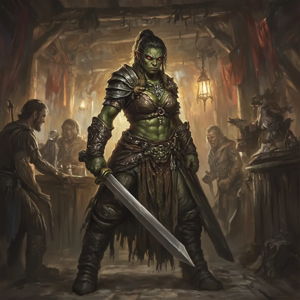 Prompt: Medieval fantasy female orc DnD character, standing in a rustic tavern, green skin,  red glowing eyes, poised for a fight, intense expression, full fur leather armor, feminine muscular build, adorned with leather armor and tribal jewelry, ivory blade, surrounded by chaotic patrons, wooden beams, and torchlight casting shadows, oil portrait style, rich colors, dramatic lighting, high detail, ultra-detailed.