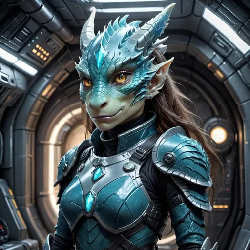 Prompt: Female dragon born commander, DND character, (high-tech futuristic space outfit), (ready for battle), (tech battle armor), intricate details, laser rifle at the ready, illuminated armor panels, battle scars, sleek design, posture of confidence, (space station surroundings), spaceship and blinking control panels in the background, vibrant colors, contrasting shadows, immersive sci-fi ambiance, (4K ultra-detailed), dynamic energy.