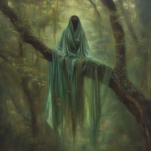 Prompt: (camelelon cloak), subtly blending with the lush greenery, (hanging gracefully on a branch) in a mystical forest setting, (oil painting) style with vibrant, rich colors that evoke enchantment, detailed brush strokes capturing texture, magical ambiance with dappled sunlight filtering through trees,  inviting adventure.