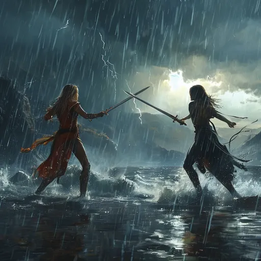 Prompt: (epic swordfight), fight scene, intense scene in the mountians, pouring rain, storm clouds swirling ominously, vivid lightning strikes illuminating the dark sky, fierce winds swirling around, (female combatants) wielding a shimmering sword, casting magical spells, high tension and dynamic motion, highly detailed features, dramatic atmosphere, cinematic quality, ultra-detailed, 4K resolution, a clash of power amidst the tempest.