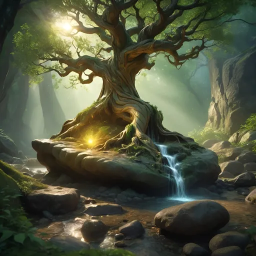 Prompt: (ancient tree growing atop a boulder in rocky terrain), Green and wooden aspects, magical illuminating swirls, goblin shaman character sitting on a nearby rock, little stream flowing from the tree, sacred grove, mystical atmosphere, warm golden and emerald tones, rays of light filtering through the branches, enchanted forest background with dense foliage, high-definition, ultra-detailed, cinematic lighting, serene and awe-inspiring, crisp image quality, nature's magic, intricate root systems wrapping around the boulder, ethereal vibes.