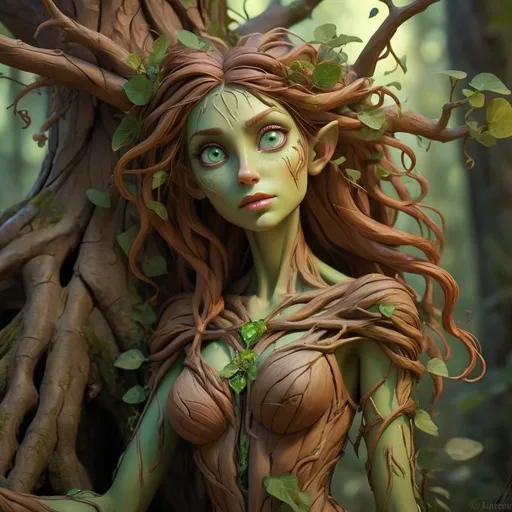 Prompt: realistic dryad, medieval fantasy art style, aluring, part tree, wood texture skin, vibrant color palette, forrest, whimsical details, high quality, detailed roots and branches, mystical, green eyes, whimsical, magical, medieval fantasy, vibrant colors, dnd Character, Root legs, twig hands,  atmospheric lighting