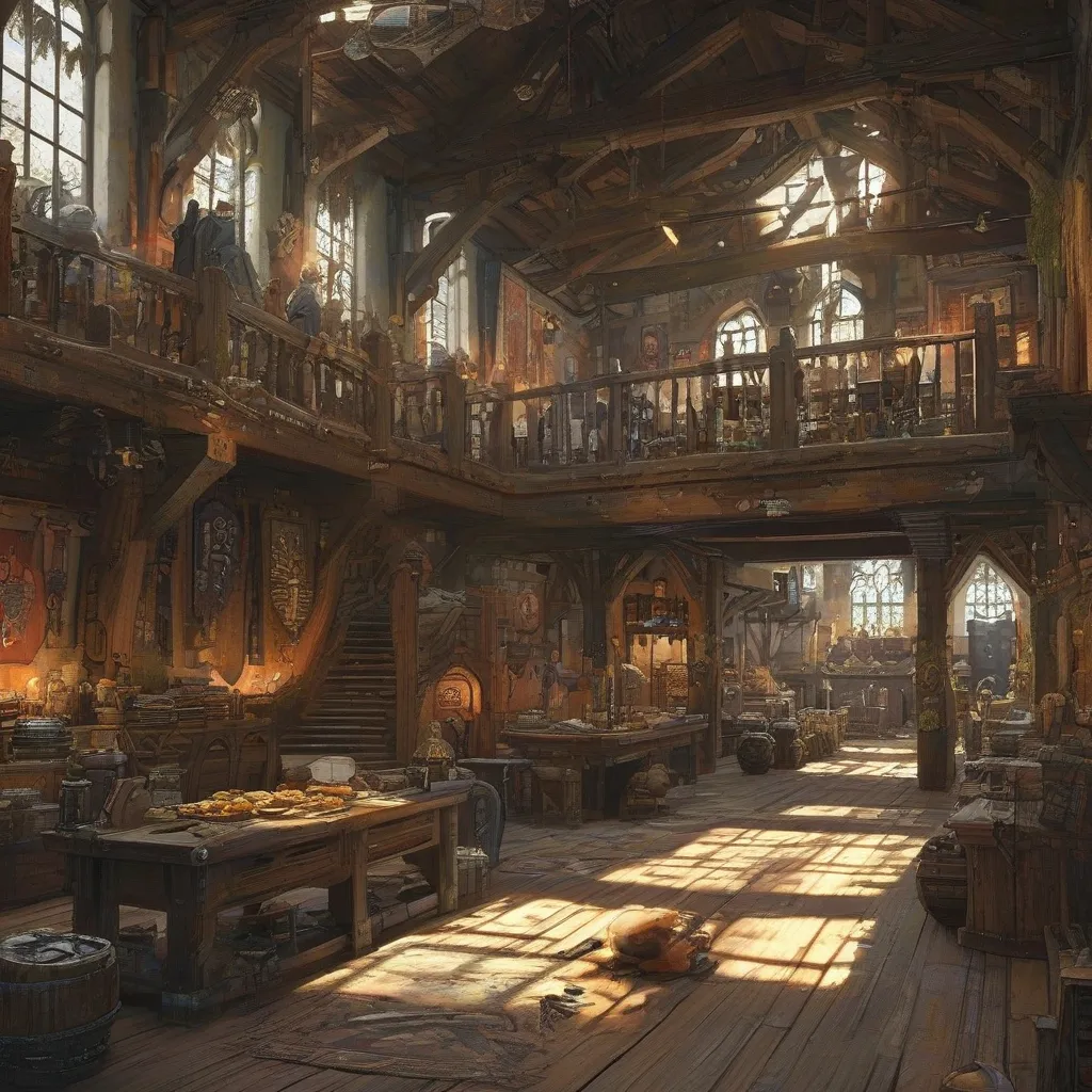 Prompt: Medieval fantasy adventurers guild, Anton Pieck style, (rustic wooden interior), large open rustic bank like rooms, (high security deposit counters with gates and tellers), DND characters, chairs and tables with food, monster parts laying around, ambient warm lighting, maps and hunting trofees on the wall, detailed shadows, banners hanging from the ceiling, intricate woodwork, scattered adventurers' gear, cozy yet bustling vibe, various weapons displayed, (ultra-detailed), (4K).