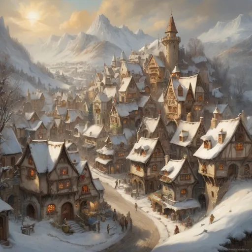 Prompt: Oil painting of an (medieval fantasy village in winter), inspired by Anton Pieck style, (rich in detail), charming houses with intricately designed facades, towers, palaces, snow-covered rooftops, farmers market crowded with lively characters, magical spells in the air,  warm sun beams breaking through soft winter clouds, creating a serene and magical ambiance, mountains in the background, ( vibrant colors) for a captivating and nostalgic scene.