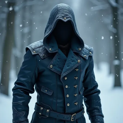 Prompt: Full body, (long full leather shearling coat), (slender Design), narrow waist, heavy hood, closed, nimble, free range of movement, medieval fantasy, winter armor, tough, dark blue exterior, rugged design, intricate stitching details, atmospheric winter background with falling snowflakes, soft light illuminating the jacket giving it an edgy yet cozy look, ultra-detailed, high quality. 