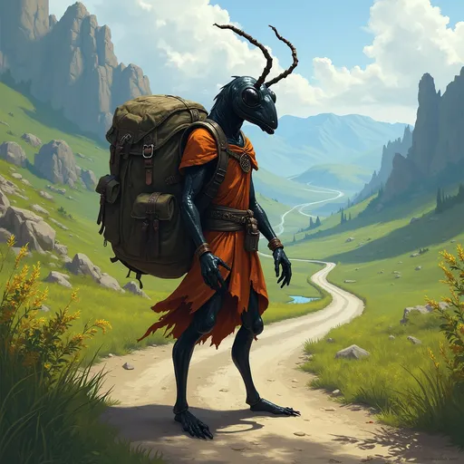 Prompt: Ant symbiosis (DND character mage), with striking ant-like features, (detailed black carapace), standing confidently on a winding road surrounded by lush fields, (ridiculous large oversized backpack) slung over shoulder, medieval fantasy atmosphere, vibrant colors saturating the landscape, (dynamic angle), ethereal lighting casting dramatic shadows, presenting a heroic ambiance, ultra-detailed, imaginative narrative-driven scene.