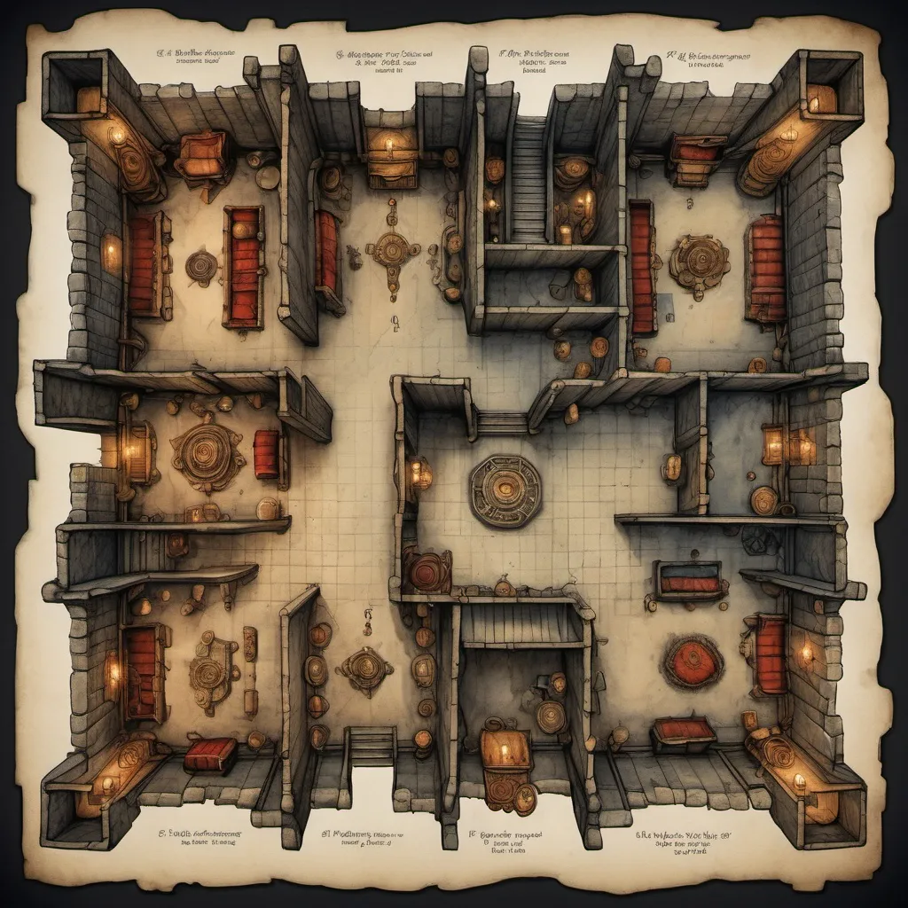 Prompt: (top view floor plan), (giant medieval fantasy dungeon), Anton Pieck style sketch, detailed interior layout, maze-like structure, dark menacing tones, shadows and highlights enhance depth, intricate furniture design including stone tables and torches, prominent entrance design, elaborate throne room, atmospheric lighting adds intensity, (highly detailed), (HD image), vintage ink and parchment textures.