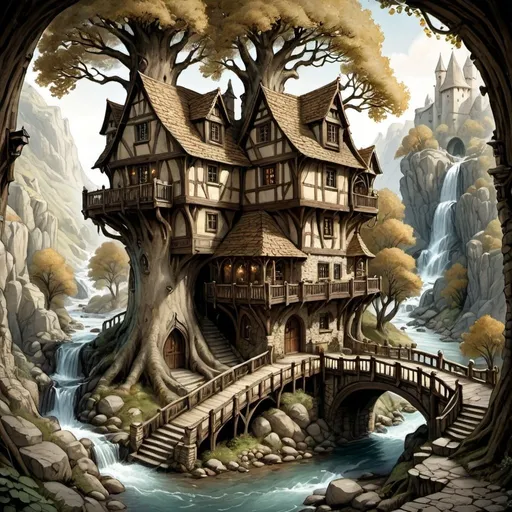 Prompt: Anton Pieck style illustration of a large medieval fantasy treehouse tavern build in a large continuous willowing tree, stony, inviting entrance with bridge, terrasse, wooden aestethics, connected paths, in the mountains, flowing stream, waterfall, vintage paper texture, intricate line work, high detail, mystical atmosphere, warm and nostalgic tones, soft lighting, high quality, warm window lighting