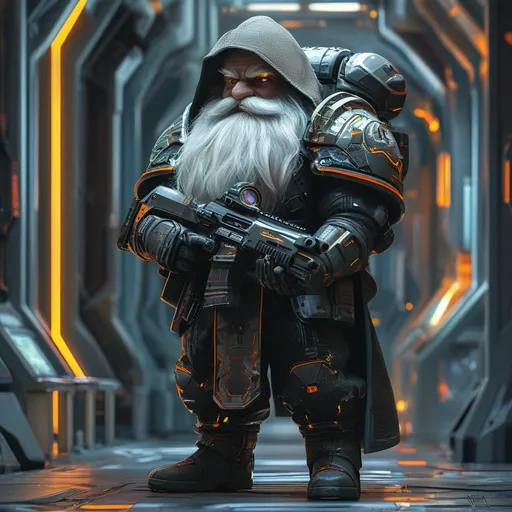 Prompt: Dwarf DND character, (high-tech futuristic space outfit), (ready for battle), (tech battle armor), intricate details, laser rifle at the ready, illuminated armor panels, sleek design, posture of confidence, (space station surroundings), spaceship and blinking control panels in the background, vibrant colors, contrasting shadows, immersive sci-fi ambiance, (4K ultra-detailed), dynamic energy.