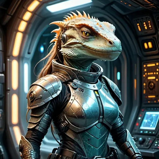 Prompt: Female lizard hybrid commander, DND character, (high-tech futuristic space outfit), (ready for battle), (tech battle armor), intricate details, laser rifle at the ready, illuminated armor panels, battle scars, sleek design, posture of confidence, (space station surroundings), spaceship and blinking control panels in the background, vibrant colors, contrasting shadows, immersive sci-fi ambiance, (4K ultra-detailed), dynamic energy.