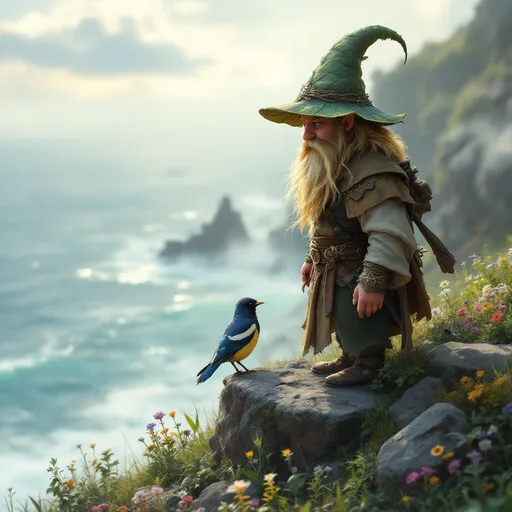 Prompt: digital art, dnd Character adventurer gnome druid with a leaf hat, blond hair and beard, young magpie on the grass cliffs, calm coastal atmosphere, serene sea view, vivid green grass, tranquil weather, majestic cliffs, a raven soaring above in the clear blue sky, enchanting forest elements, magical ambiance, detailed, whimsical and serene mood, nature's harmony.