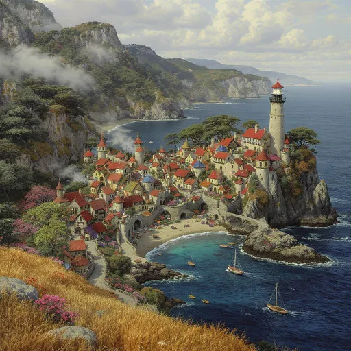 Prompt: Imagine an enchanting aerial view of a quaint medieval fantasy harbor village, nestled on a rugged island surrounded by towering cliffs. The whimsical architecture features colorful, crooked cottages, and vibrant gardens bursting with blooms. Gentle waves lap at sandy beaches dotted with charming fishing boats. A lone majestic lighthouse stands seperately, tall at a rock protruding into sea. Surrounding the village, lush fields of golden wheat sway in the breeze, merging seamlessly into a mysterious forest filled with ancient trees, their leaves whispering secrets of old. The overall scene is captured a sharp drawn oil painting, infusing a sense of wonder and adventure into the atmosphere.
