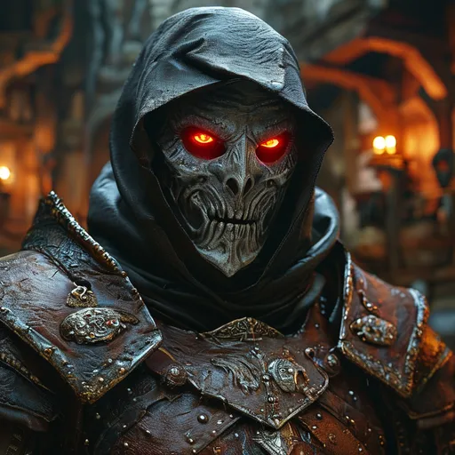 Prompt: highly realistic, (cloaked and hooded dark figure), smoldering red eyes, set in a (medieval fantasy tavern), atmospheric (shadowy ambiance), detailed leather armor, rich (wooden furnishings), mysterious (muffled conversations), detailed textures, (highly detailed), (captivating mood), evoking intrigue and suspense, immersive environment, (4K).