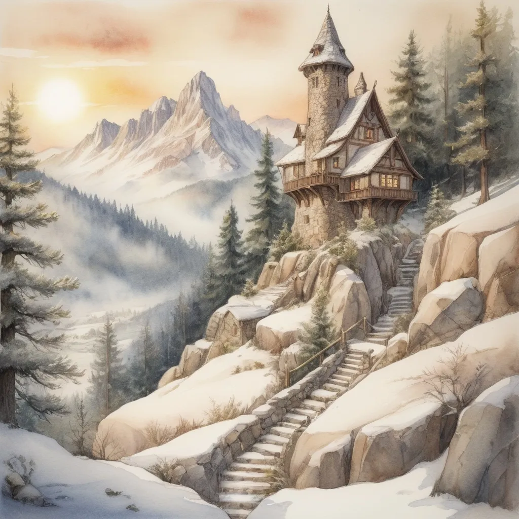 Prompt: (large cozy mountain estate), small tower, valley view, medieval fantasy style, pencil watercolor painting, (winterscene), mountainous landscape, (rocky paths), snow-covered pine trees, low sun casting warm light beams, serene atmosphere, soft shadows and highlights, (ultra-detailed), enchanting and inviting vibe, natural textures of snow and wood, whimsical elements in the surroundings.