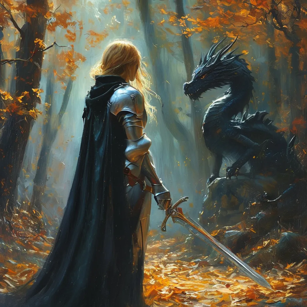 Prompt: oilpainting, (dragon), mystic shadows dancing on the ground, female knight, medieval fantasy, magical spells, shadows, enchanting yet haunting scenery, rich details in bark and foliage, (4K), overall vibe of sadness intertwined with a touch of magic, emotionally resonant and dramatic.