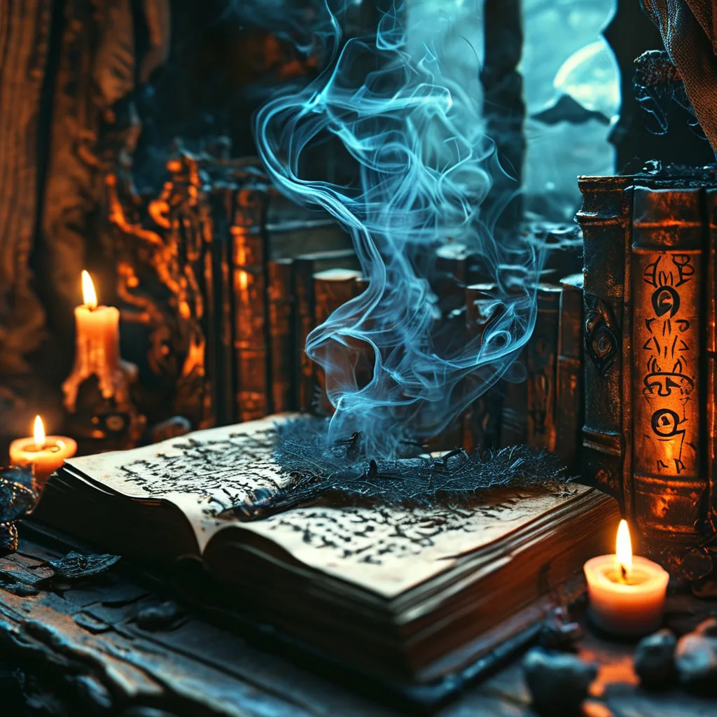 Prompt: (4K) necromantic grimoire, dark fantasy elements, swirling dark smoke, eerie bones  symbols, mystic spells illuminating the pages, magical symbols and runes, Antique book with age-worn leather cover, shadowy surroundings, dim candlelight casting ominous shades, hauntingly atmospheric, deep shadows, enchanted medieval ambiance, ultra-detailed, gothic design, creating a sense of dark magic and mystery.