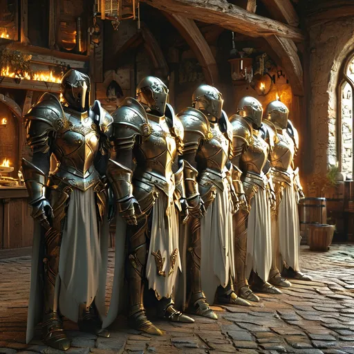 Prompt: (angelic light), impressive group of paladins, detailed and ornate armor reflecting a shimmering glow, standing together in a majestic formation, sacred atmosphere, vibrant and warm lighting encapsulating the scene, in a medieval tavern, ultra-detailed, epic landscape background, heightened sense of unity and purpose, powerful and divine essence radiating from their presence, cinematic masterpiece.