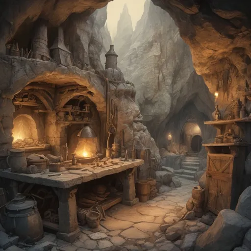 Prompt: Anton Pieck style illustration of an dwarven medieval fantasy smithy in mountaincaves, in the cave, vintage paper texture, intricate line work, high detail, intrinsic stone measonry,  mystical atmosphere, anvil, bellows, hammers, warm and nostalgic tones, soft lighting, high quality, magical artifacts, nostalgic, warm tones, soft lighting, rough stone structures, sharp lines