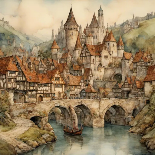 Prompt: <mymodel> Medieval fantasy town along a river, carriage crossing a stone bridge, towering castle in the distance, immersive atmosphere, highres, detailed, medieval fantasy, vibrant colors, warm lighting, rustic charm, scenic landscape, oil painting,