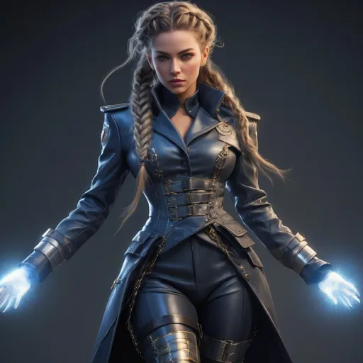 Prompt: photorealistic full-body of a (beautiful) though female in a (detailed ceremonial high-ranking military suit), (buttoned coat), (futuristic leather boots), a (gorgeous face) showcasing (detailed features) with (braided hair), in an (strong stance), emanating (imposing) presence with a (glowing charm), surrounded by (magical radiating lines), set against a (fantasy backdrop), ultra-detailed, high-quality.