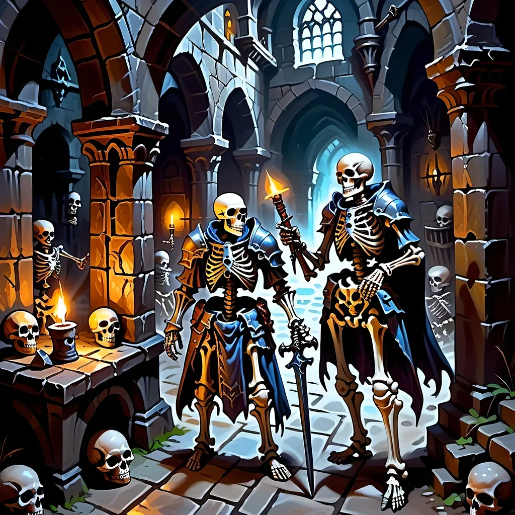 Prompt: adventurers exploring a dark dungeon, skeleton knight, sorcerer, scavenger, bard, oil painting, eerie atmosphere, torchlight casting deep shadows, ancient architecture, detailed armor, high contrast, moody lighting, mysterious, dark tones, detailed textures, fantasy, magic