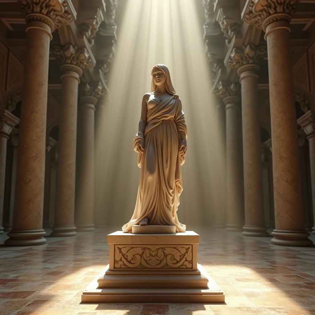 Prompt: realistic (marble fullbody statue of a gorgeous woman in shrouds), adorned beautifully on a pedestal, set in the middle of a grand auditorium within an ancient temple, atmospheric ambiance with sophisticated lighting, ethereal sun rays illuminating the scene, detailed ancient architecture surrounding, warm tones creating a mystical feel, hint of medieval fantasy, ultra-detailed, high-definition.