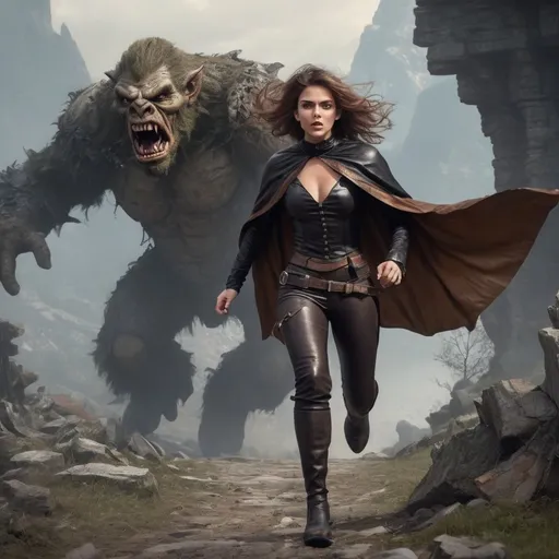 Prompt:  realistic Gorgeous DnD character woman in leather pants and victorian style blouse, cape and boots, running through ruins being chased by a large mountain troll, high quality, detailed, side view, pretty face, fierce eyes, fantasy, action, victorian style, ruins, mountain troll, intense chase, professional, atmospheric lighting