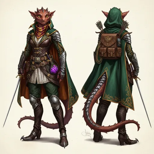 Prompt: Envision a digital sketch witha  realistic looking aspect, capturing a medieval fantasy adventurer, adorned in intricately layered clothing.  haut couture fashion ideas blending seamlessly with the practicality of adventure gear. Front and back view. showing the many attributes and stylishness for the contemporary female kobold adventurer. The design features a practical but stylish  outfit. styled to impress.  the whole picture is set against an off white slightly yellow background. To enhance the atmosphere, the style leans towards vibrant, painterly textures, reminiscent of classic fantasy illustrations.