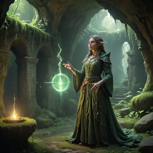 Prompt: female sorceress casting spells, Mages tower in a cave, magical illuminated rays, forgotten ruin, mossy and overgrown, , 4k ultra-detailed, fantasy, magical, mystical, mossy and overgrown, atmospheric lighting, intricate details, cave setting, ancient ruins, enchanting, sorceress, mysterious