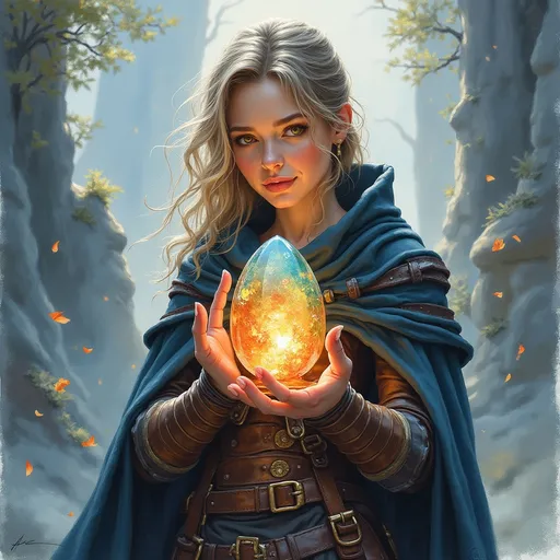 Prompt: (pencil watercolor painting) Justin Gerard style, D&D female character thief, holding a crystal dragon egg, (magical aura) glowing around the egg, leather armor and dark cloak, enchanting landscape background with fantasy elements, muted pastels and vibrant highlights, ethereal lighting creates a sense of wonder, ultra-detailed, inviting a narrative spirit and fantasy adventure.