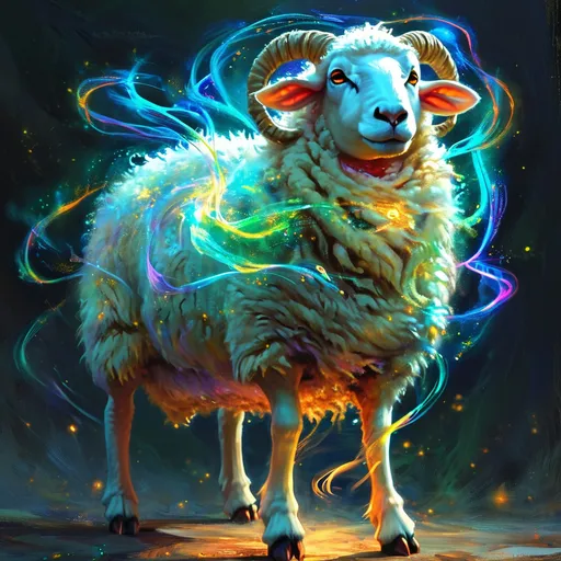 Prompt: (medieval fantasy polymorph spell), humanoid sheep, vibrant magic energy, swirling colors of blue and green, dynamic shapes and forms rapidly changing, luminous glowing effects, enchanting atmosphere, illuminated rune symbols, high detail, ultra-detailed, dramatic lighting, magical ambiance, evoking a sense of wonder and transformation.