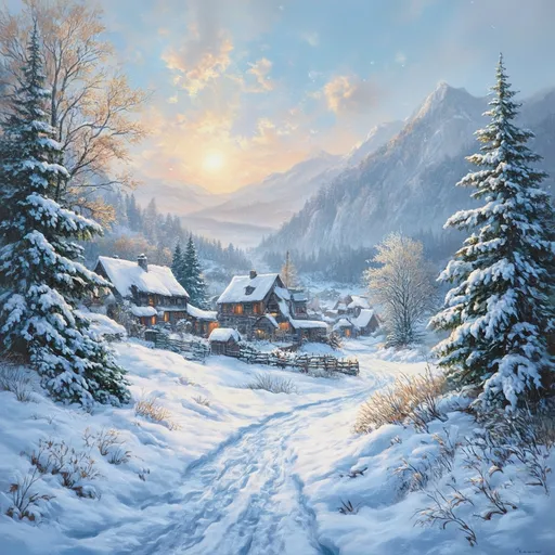 Prompt: Winter landscape painting, Anton Pieck style, enchanting medieval fantasy ambiance, snow walking scene amid snow drifts, softly shimmering watery sun illuminating the crisp, white snow, quaint farmstead in the background, alpine background, atmospheric warmth and whimsy, intricate details showcasing frosty trees and welcoming snow-capped rooftops, ultra-detailed, vibrant colors create a cheerful and magical winter atmosphere, clear sky gracing the picturesque scenery.