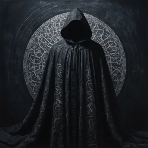 Prompt: (oil painting of a cloak), (invisibility cloak) blending into shadows, intricate pattern of magical runes, transparent,  soft brush strokes conveying a mystical ambiance, darkness at night,  