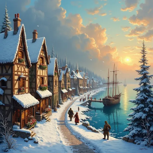 Prompt: Oil painting of an (old medieval fantasy town in winter), inspired by Anton Pieck style, (rich in detail), charming houses with intricately designed facades, snow-covered rooftops, bustling market crowded with lively characters,  on the coast with ships in the ice,  warm sun beams breaking through soft winter clouds, creating a serene and magical ambiance. ( vibrant colors) for a captivating and nostalgic scene.