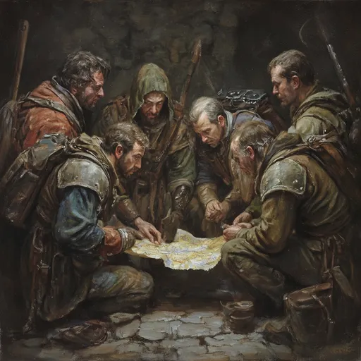 Prompt: detailed oil painting, (diverse fantasy races of DnD adventurers), medieval fantasy, looking at a map in the dungeon, dark shadows, tens situation, (anton pieck style) , (beautiful detailed faces), (medieval fantasy Setting),  (detailed character designs with backpacks and gear), (immersive composition).