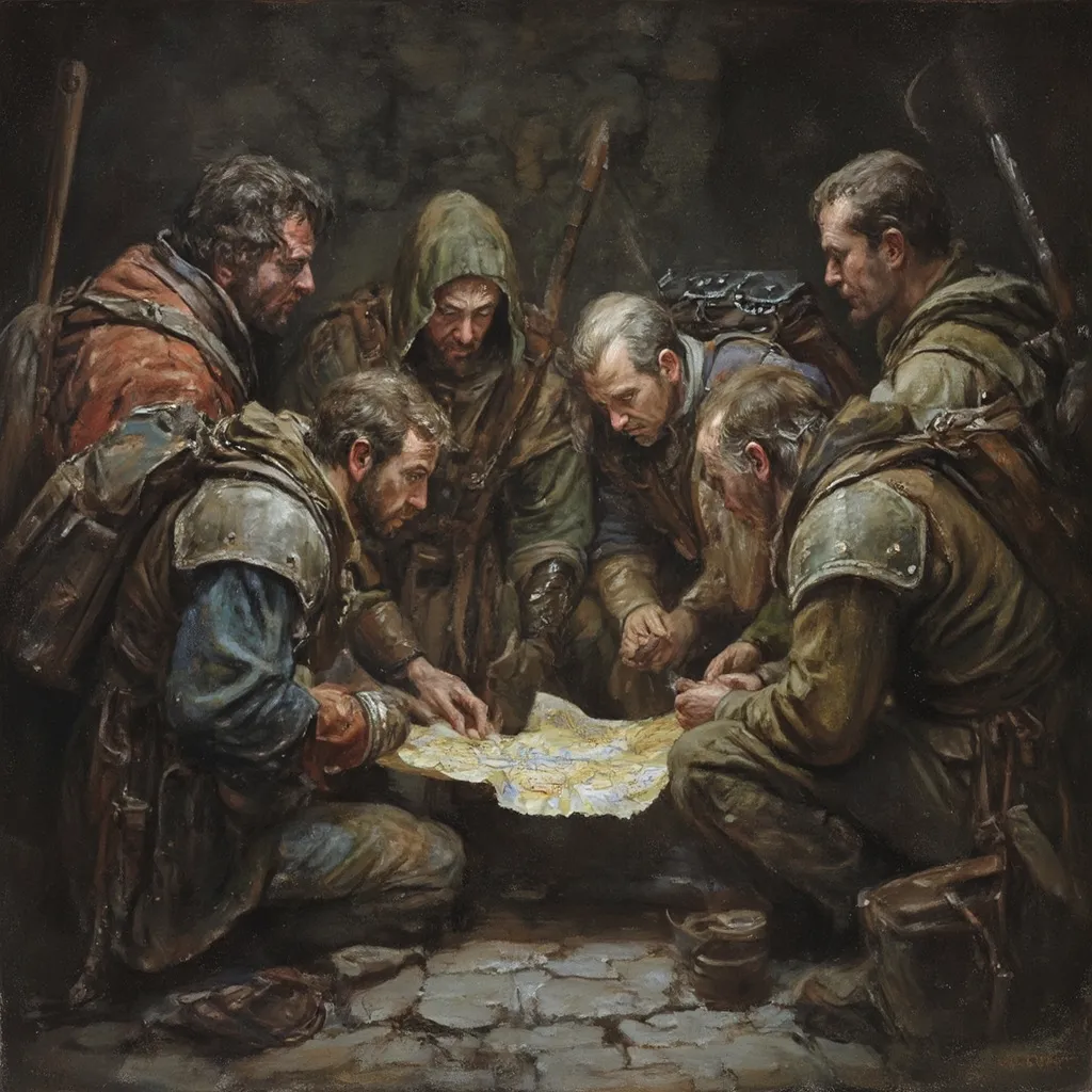 Prompt: detailed oil painting, (diverse fantasy races of DnD adventurers), medieval fantasy, looking at a map in the dungeon, dark shadows, tens situation, (anton pieck style) , (beautiful detailed faces), (medieval fantasy Setting),  (detailed character designs with backpacks and gear), (immersive composition).