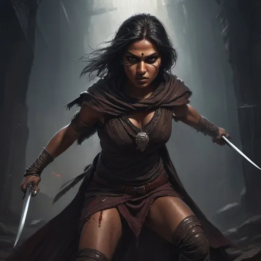 Prompt: High-quality dark fantasy digital painting of a fierce indian female assassin going for the kill, detailed facial features, dark and gritty atmosphere, intense and focused gaze, dynamic full body action pose, leather, cloak, mysterious and shadowy lighting, cinematic, intense, dark tones, assassin, digital painting, detailed eyes, professional, atmospheric lighting