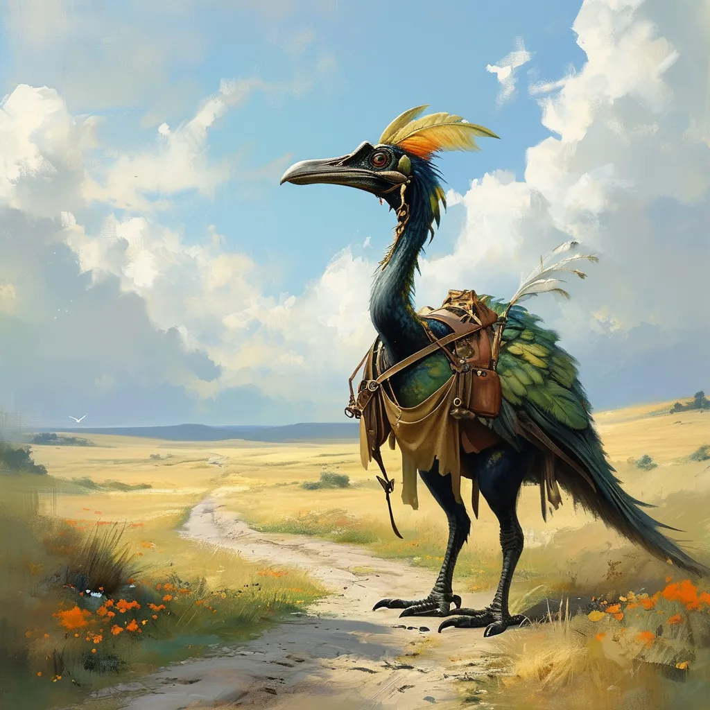 Prompt: (dinosaur-like flightless bird as transport animal), brilliant feathers, Harness, medieval fantasy setting, (watercolor), open plains, transport wagon, ancient cobblestone road, soft colors, serene atmosphere, rustic charm, expansive sky with delicate clouds, hints of wildflowers, intricate details in the bird's plumage, tranquil background blending hues of green and blue, ultra-detailed, enchanting scene.